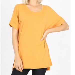 Rolled Sleeve Side Slit High-Low Hem